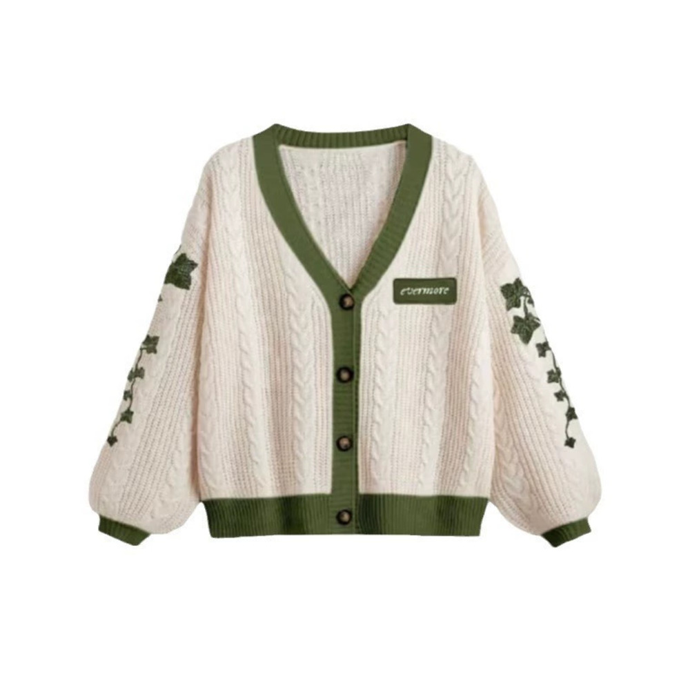 ZARA Leaf Embroidery Lantern Sleeve Loose Casual Knit Cardigan